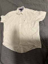 Tommy Hilfiger Shirt Men s M White Linen Blend Short Sleeve Button Logo Pocket
