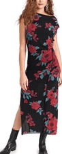 Free People Floral Mesh Midi Maxi Dress Black Red Ruched Side Slit Size XS