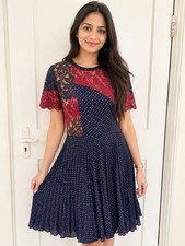 French Connection Navy Polka Dot Lace Pleated Dress UK 10