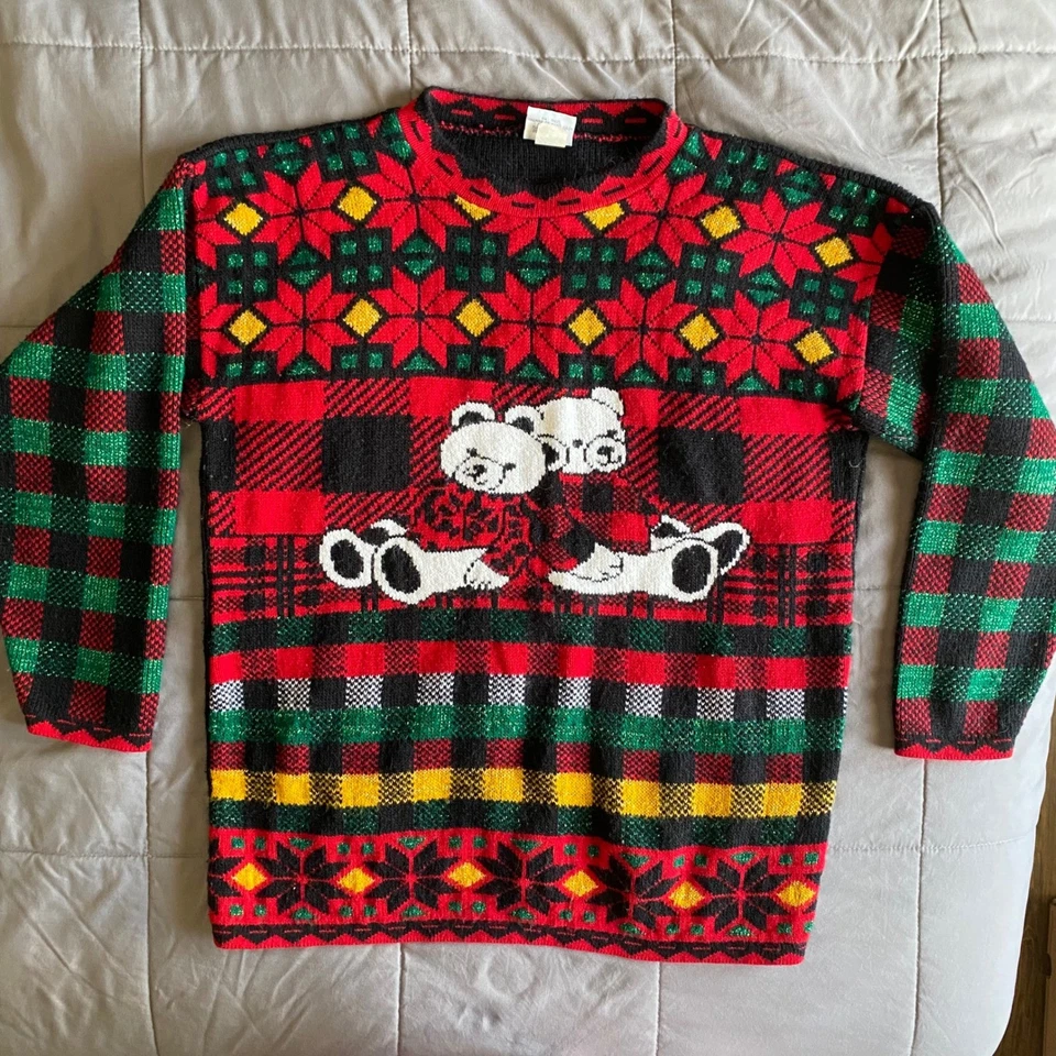 VTG Teddy Bear Poinsettia Christmas Ugly Sweater Holiday Unisex Medium? Made USA - Image 2 of 4
