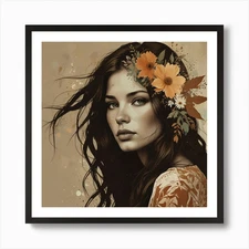 Portrait Of A Woman With Flowers 3  Framed Wall Art Poster Canvas Print Picture