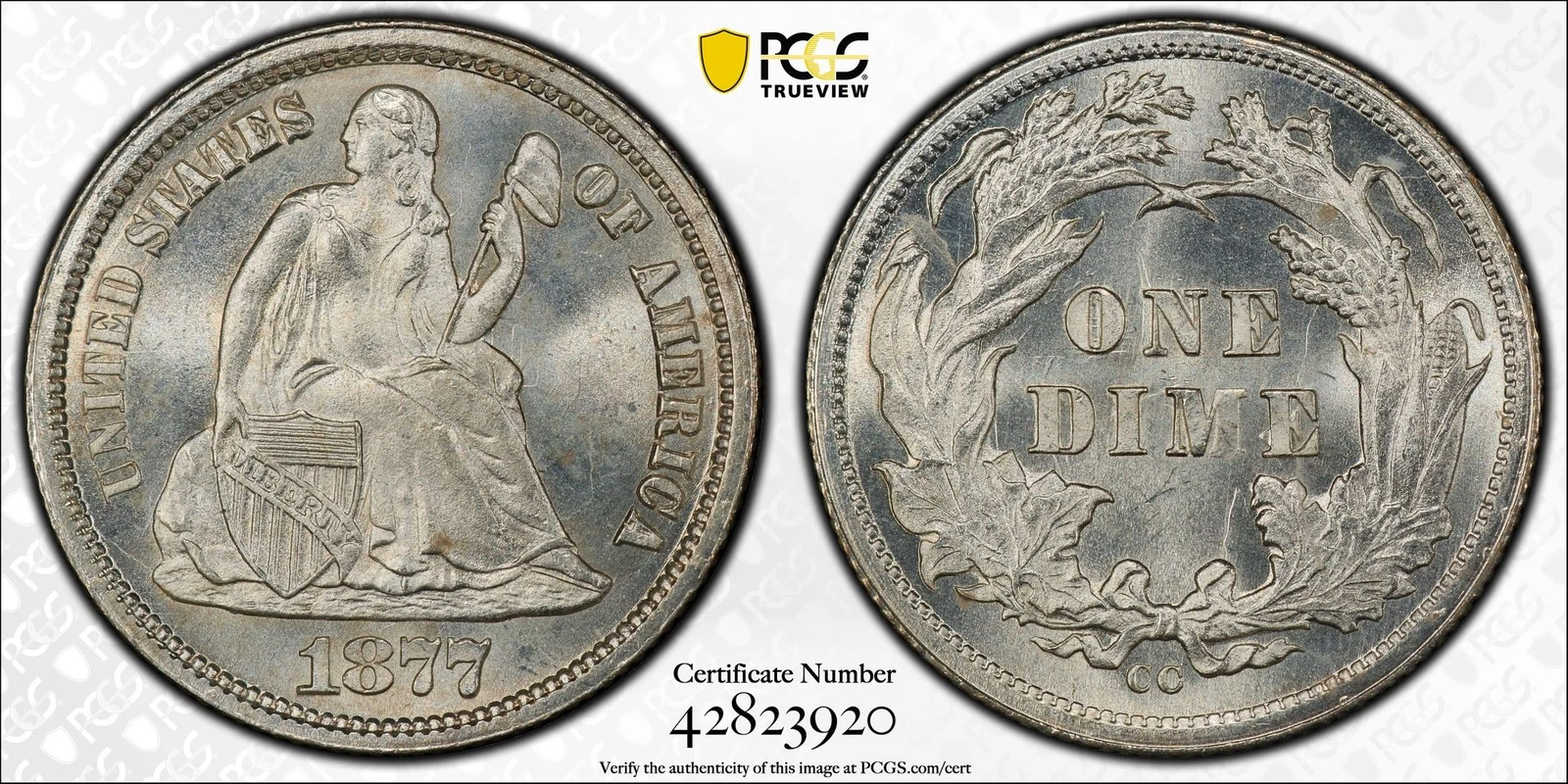 1877 CC Liberty Seated Dime PCGS MS-67