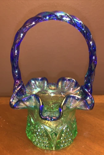 Fenton Carnival Glass Button & Arch Green Basket  With Cobalt Blue Handle