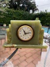 Art Deco 11 Lb Beveled Green Onyx United Electric 11.5” Mantel Clock-Works