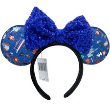 Disney- Parks Headband Chibi Park Icons Blue Sequin Bow Loungefly Minnie Ears