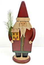 Country Primitive Artist Signed Wooden Christmas Santa Holding Saltbox House 14"