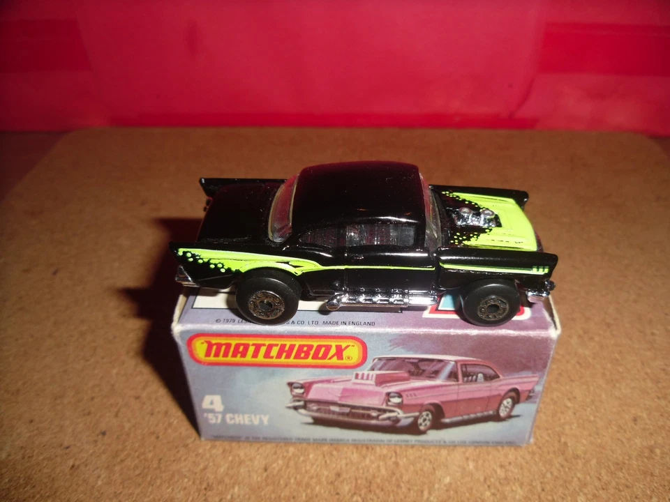HTF U.S. Issue Matchbox 75 #4-'57 Chevy,Rare Black+Neon Yellow Design,MIEB,NOS. - Image 2 of 4