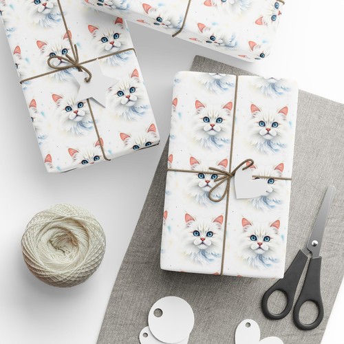 Cat Lover Wrapping Papers, Gift Wrap Sheets, Feline Theme White Persian Kitty - Picture 24 of 25