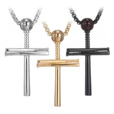 Stainless Steel Baseball Bat Cross Pendant Necklace Black Silver Gold 24