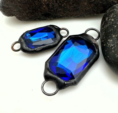 Rectangular Sapphire Blue Double Jump Ring Rhinestone Soldered Connector (SGP62)
