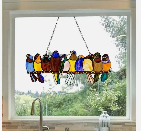 Panel de ventana de vitral multicolor pájaros en alambre NUEVO River of Goods Foto 3 de 3