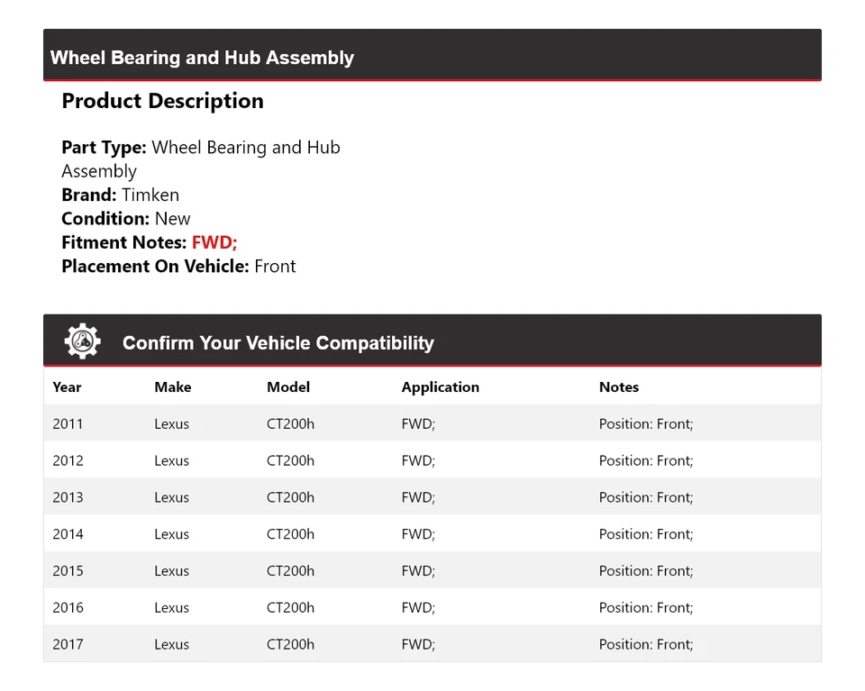 For 2011-2017 Lexus CT200h FWD Wheel Bearing and Hub Assembly Front Timken 2012 - Image 2 of 4