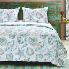 CARIBBEAN CRUZ 2pc Twin QUILT SET : BEACH BLUE AQUA COASTAL OCEAN SHELL STARFISH