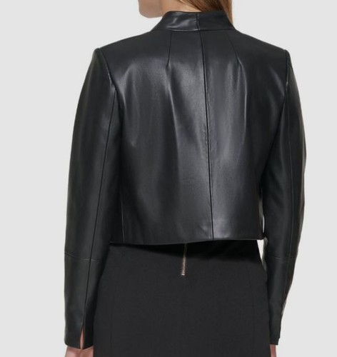 Calvin Klein Womens Black Faux-Leather Open-Front Cropped Jacket Coat Plus Sz 1X - Picture 2 of 2