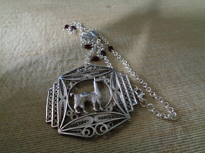 Artisan crafted 2'' Sterling silver, llama pendant on 23'' silver plated chain wit