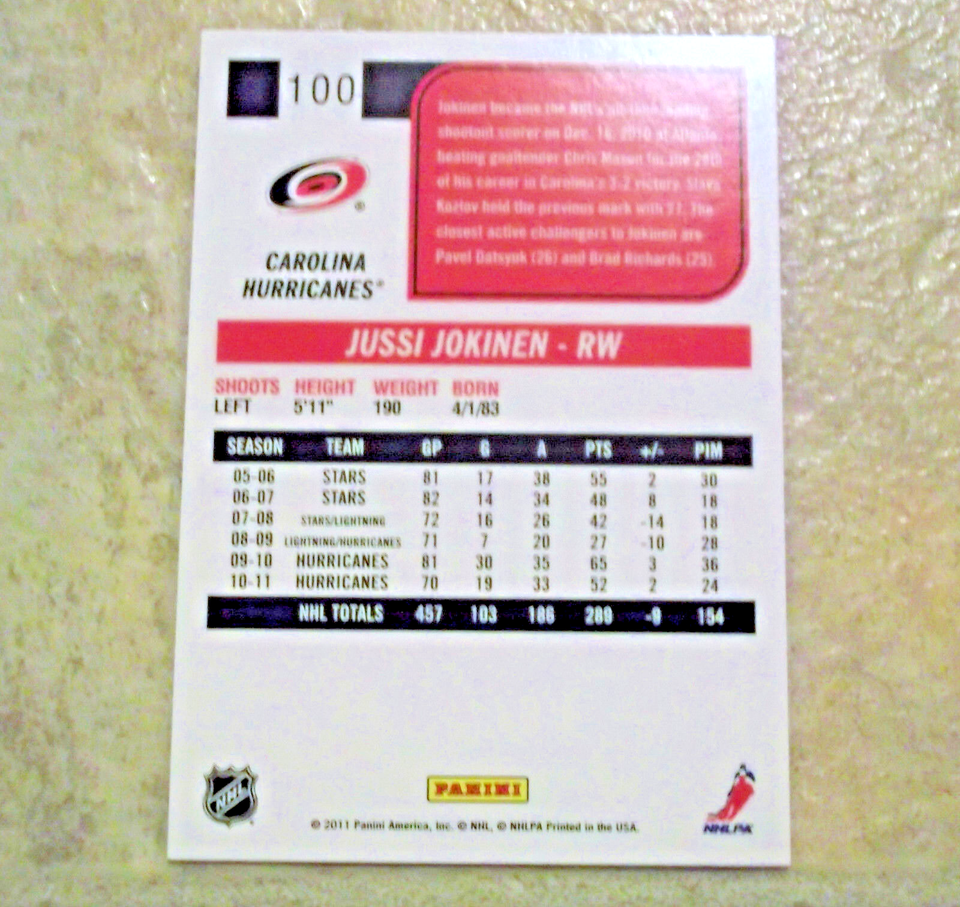 201112 Score Jussi Jokinen Carolina Hurricanes No 100 Hockey eBay