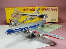 1950s LineMar TinToys friction UNITED 4 MOTOR AIRPLANE + ORIGINAL BOX.. WORKING!