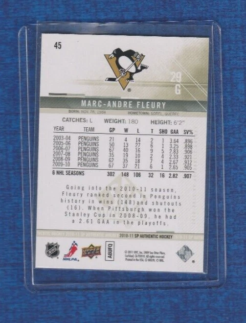 2010-11 Upper Deck SP Authentic Hockey # 45 Marc-Andre Fleury - Image 2 of 2