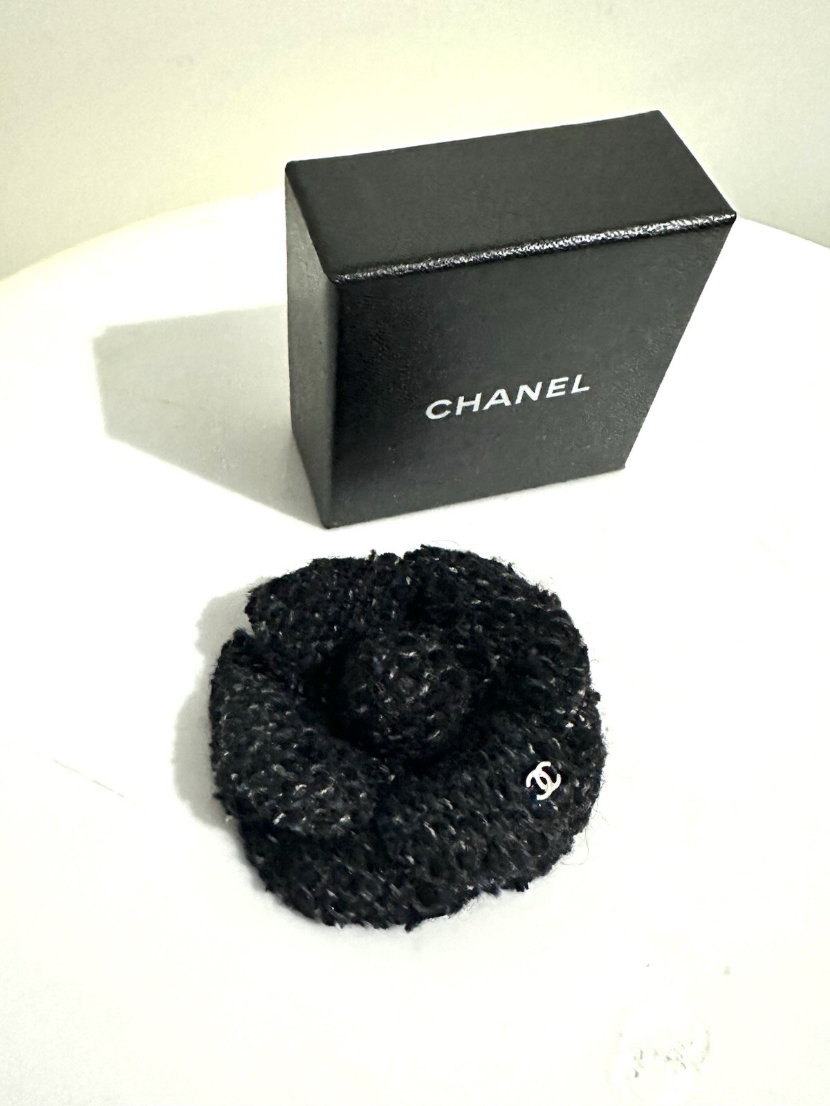 Chanel Black/Grey Tweed Camellia  Flower Brooch