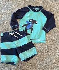 Gymboree Boys Rash Guard Swim trunk Swimsuit Set Shark Plaid 12-18 Month