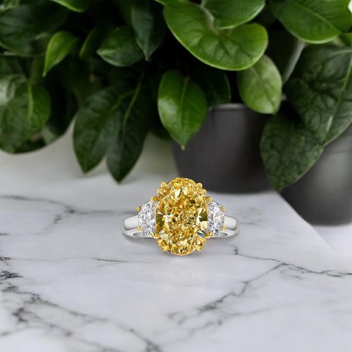 950 Platinum IGI Lab Grown Oval Shape 3.20 Carat Diamond Ring Fancy Vivid Yellow - Picture 5 of 16