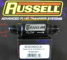 Russell 650603 In Line Fuel Check Valve -6 An Male Inlet Outlet Black Anodized Russell 650603 In Line Fuel Check Valve -6 An Male Inlet Outlet Black Anodized