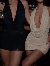 Women's Sexy Deep V Neck Sleeveless Ruched Bodycon Party Cocktail Mini Dresses