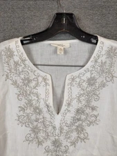 Charter Club Womens Shirt Medium White Embroidered Floral 100% Linen Coastal