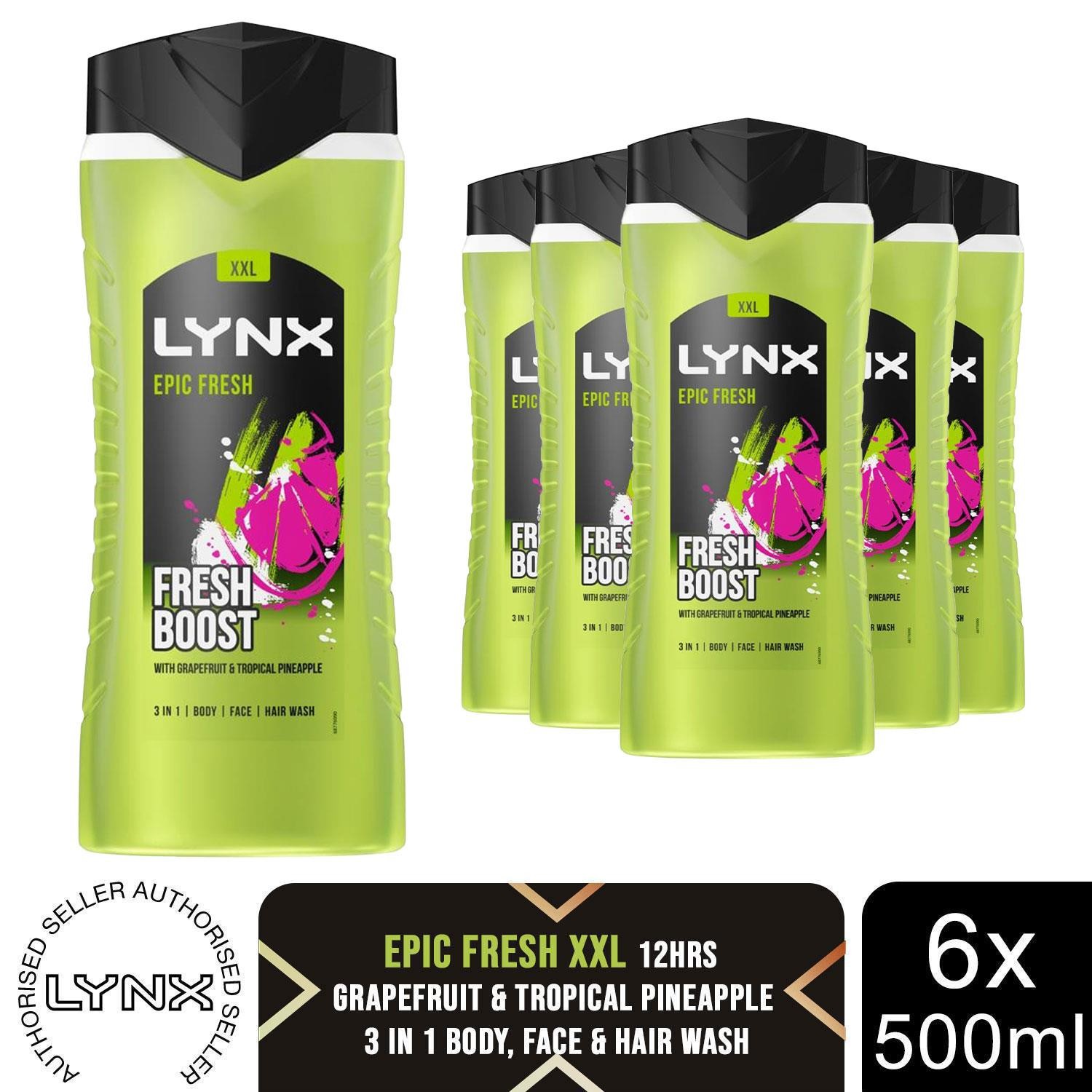 Lynx Epic Fresh Shower Gel 500ml 6 Pack Mens 12H Fresh 3in1 Body Face Hair Wash