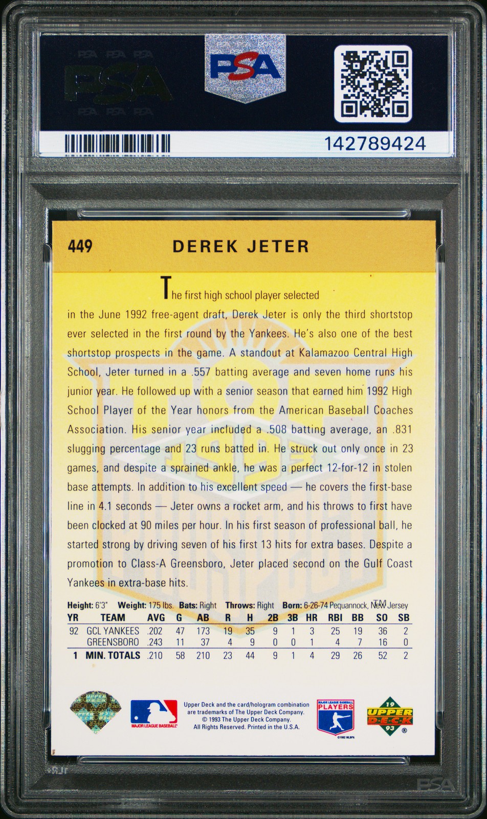 1993 UD GOLD HOLOGRAM #449 DEREK JETER ROOKIE RC PSA 7 view 2