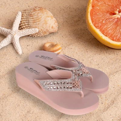 Women s Size 7.5 Pink Rhinestone Wedge Flip Flops Sandals