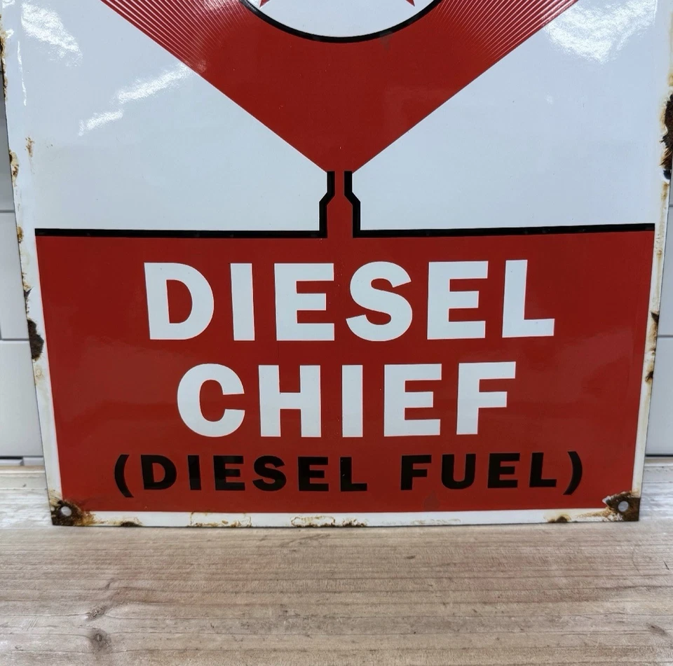 "Letrero de placa de bomba de porcelana Texaco Diesel Chief vintage años 50 16""x13""" Foto 3 de 4