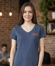 Women's V-Neck Short Sleeve T-Shirt S/M Heathered Blue Hard Truth Distilling Co