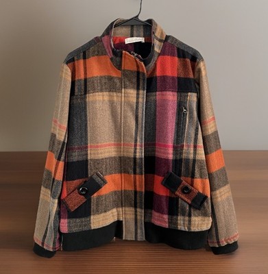 KEREN HART Wool Blend Jacket Sz L Plaid Zip Lined High Neck Academia Preppy