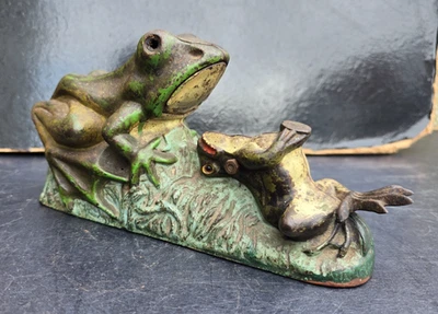 J & E STEVENS ANCIEN JOUET GRENOUILLES TIRELIRE FONTE USA TWO FROGS BANK 1880 - Photo 1/4