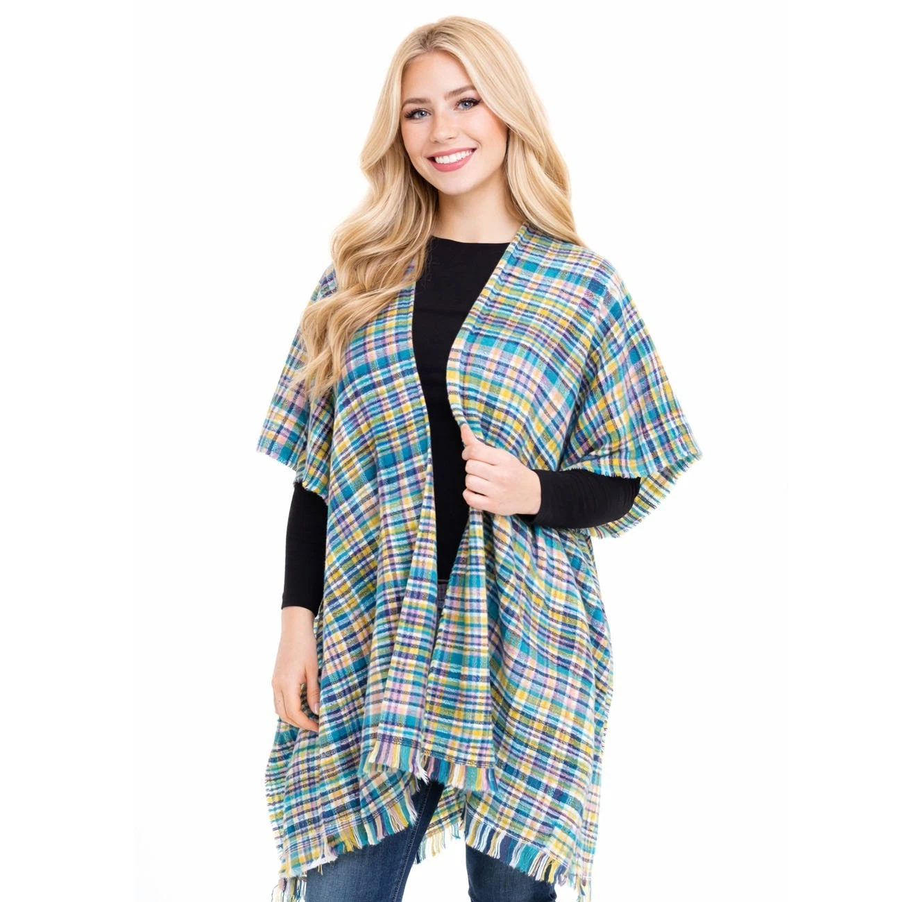 Women’s Colorful Plaid Poncho Shawl Wrap Open Front Cape Cardigan Boho Fringe