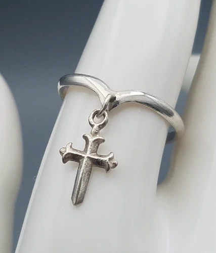 Vintage Cross Sward Charm Dangle Sterling Silver 925 Ring Size 8.5