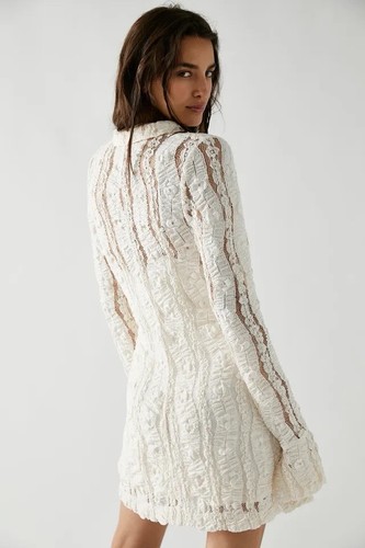 Free People Shayla Lace Mini Dress Cream Long Sleeve Sheer Ivory Size XL New - Picture 2 of 8