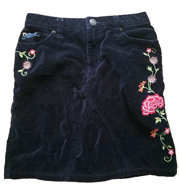 Lizzie Mcguire Skirt Girls sz 8 Black Velour Y2K Knee Floral Embroidery Pockets