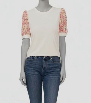 Cece Womens White Floral Sleeved Contrast Sleeve Top Size Large