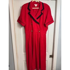 Vtg Linen Blend 80s 90s Talbots Red Black Trim Office Midi Dress Size 18