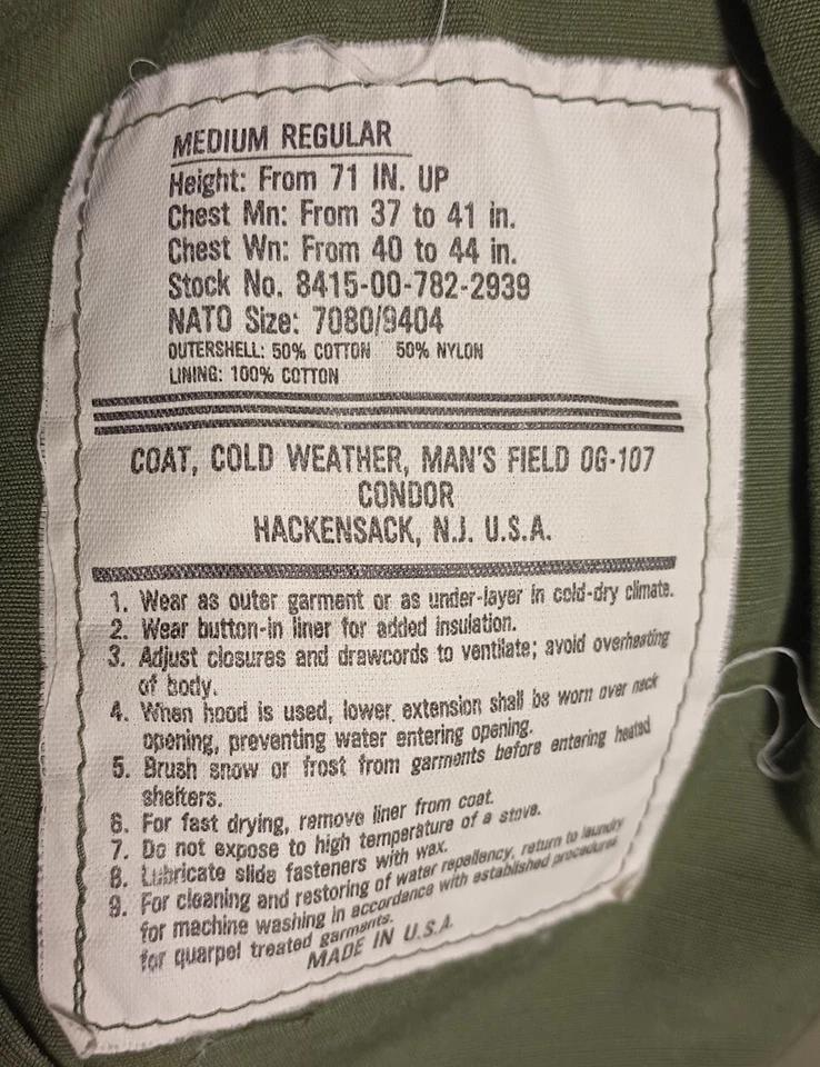 Condor Vintage Army Field Coat Geen Men's Medium Regular Made In USA OG-107 - Image 4 of 4