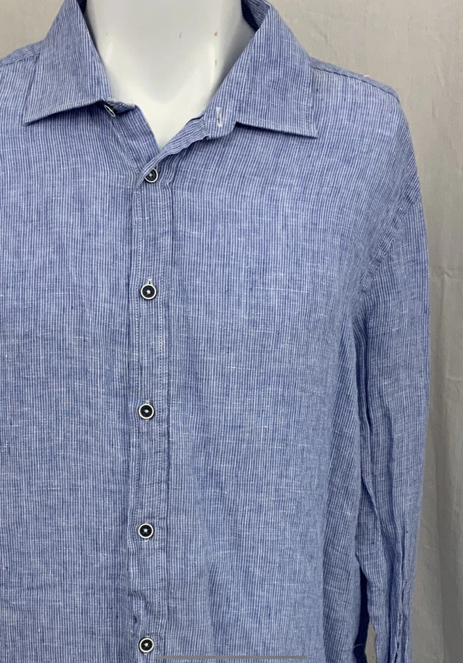 Camisa Report Collection Puño Abatible XL Azul Rayas 100% Lino Resort YGI Q1-122 Foto 3 de 4