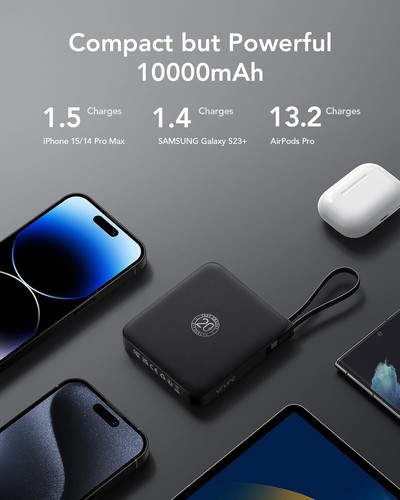 10000mA Mini Tragbares Ladegerät mit integriertem Kabel 22,5W Schnellladen USB Schwarz - Bild 5 von 8
