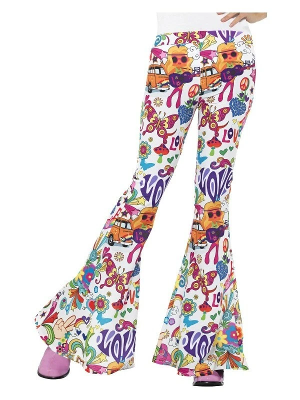 Womens 60s Retro Hippie Hippy Disco Groovy Chick Trousers Flared Pants Costume