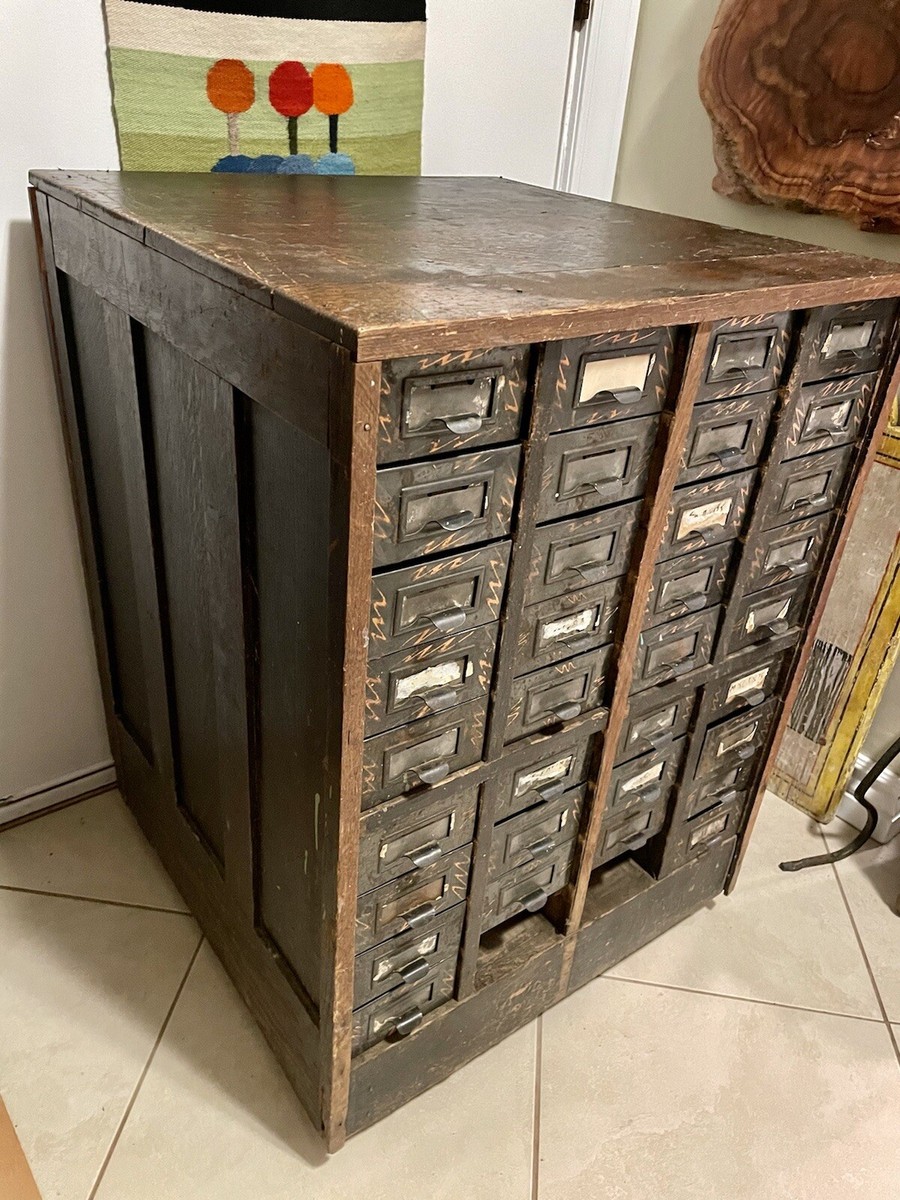 1920's Yawman & Erbe 36 Drawer Parts Chest, Oak Cabinet, Japanned