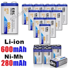 EBL 9V Li-ion Battery Rechargeable 6F22 600mAh,  (280mAh 9-Volt Ni-MH) Lot