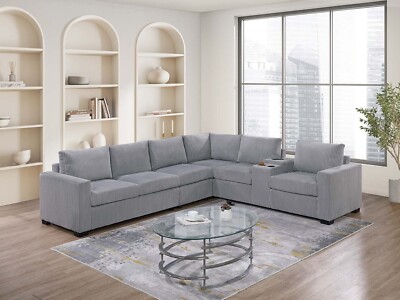 March 4-Piece L-Shaped Sectional Sofa with Console in Light Gray Corduroy