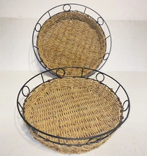 Serving Tray Baskets Set of 2 Black Wire Rimmed with Woven Natural Fiber Bottom