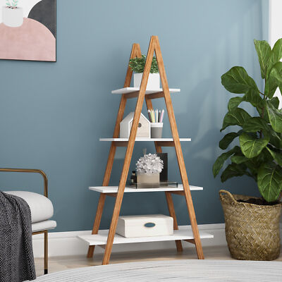 Bamboo Wood Oxford A Frame Ladder Display Bookshelf Bookcase